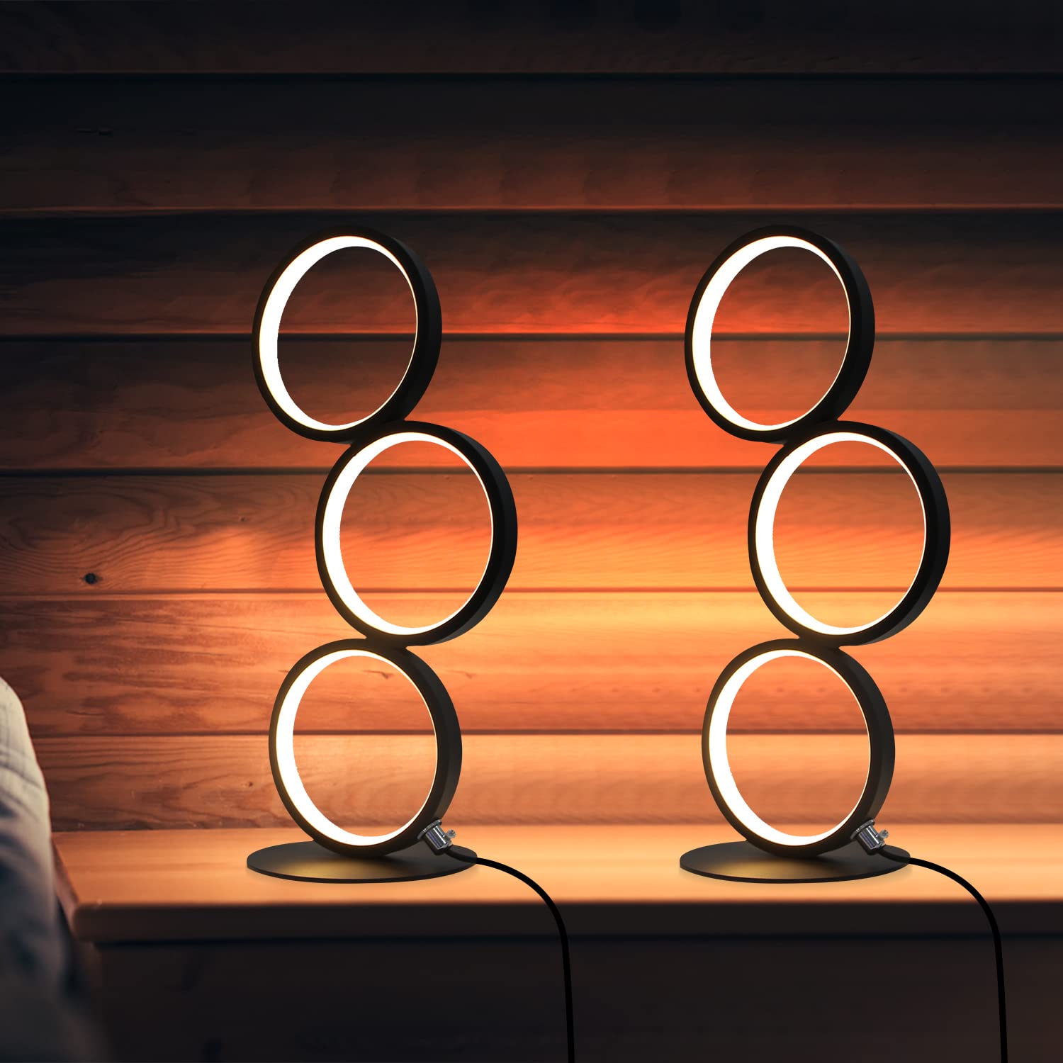 GBLY 2x LED Tischlampe Dimmar Modern Nachttischlampe Schwarz | Schreibtischlampe in Ringform aus Aluminium 12W Deko Nachtlampe mit 2 9M Kabel und EU Stecker Schlafzimmer Wohnzimmer Büro