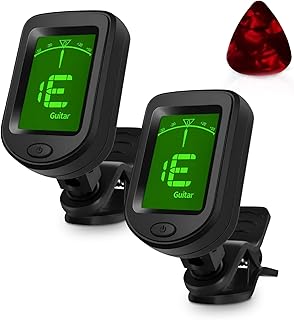 Gitarren-Stimmgerät + Plektrenset | Chromatisches digitales Stimmgerät für Gitarre, Ukulele, Bass, Violine, Banjo und Blasinstrumente mit 360° drehbarem LCD-Display und Batterie im Lieferumfang