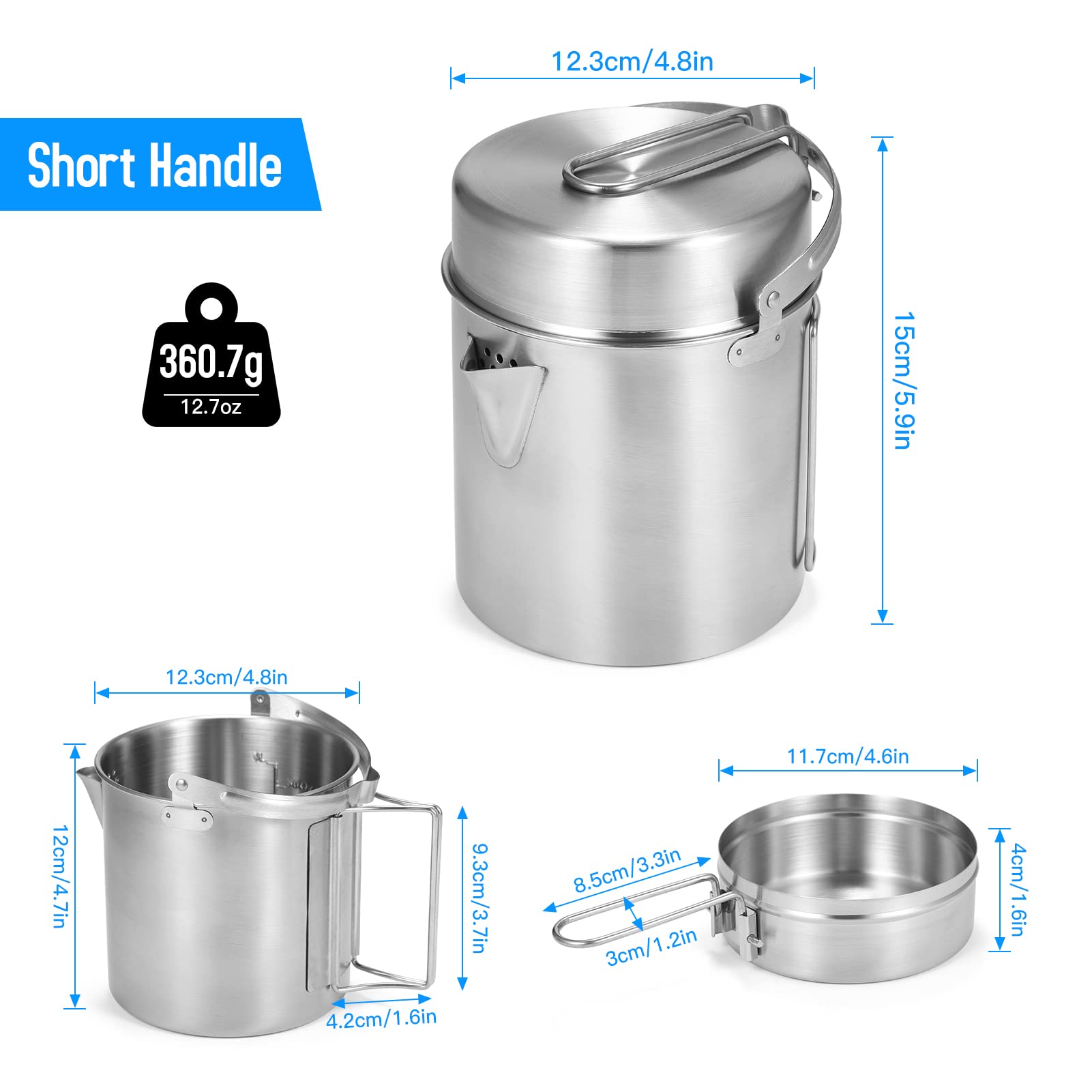 Lixada Taza de Agua de Acero Inoxidable con Asas Plegables y Tapa para Acampar Senderismo mochilero al Aire Libre