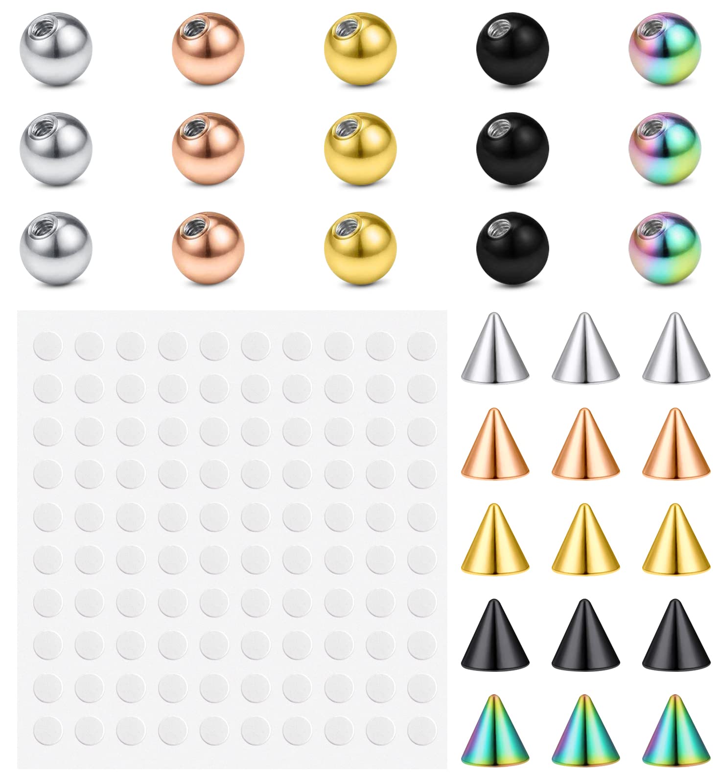 JFORYOU Fake Eyebrow Ring Fake Lip Labret Studs Replacement Balls Spike with 100pcs Sticker Non-Piercing Body Jewelry Fake Skin Piercing