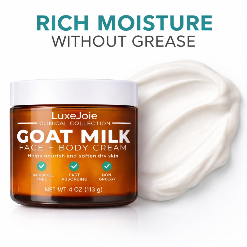 LuxeJoie Goat Milk Face Cream Fragrance Free Moisturizer for Dry & Sensitive Skin Fast Absorbing Non Greasy Hydration Gentle Goat Milk Face & Body Lotion with Shea Butter 16 oz