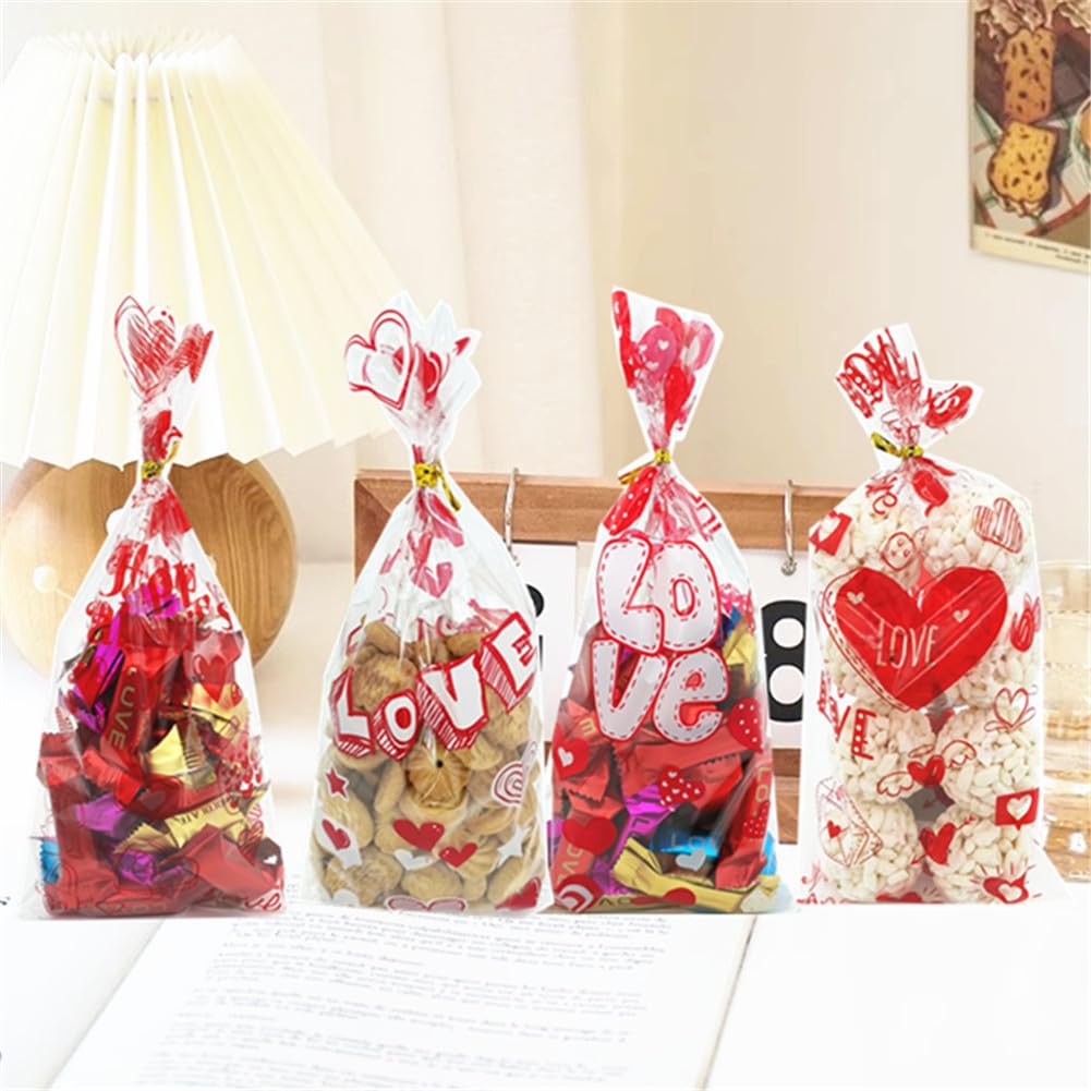 MENDERRY Sacchetti regalo in cellophane per San Valentino, 200 pezzi, in plastica trasparente, con 220 lacci intrecciati e 8 motivi