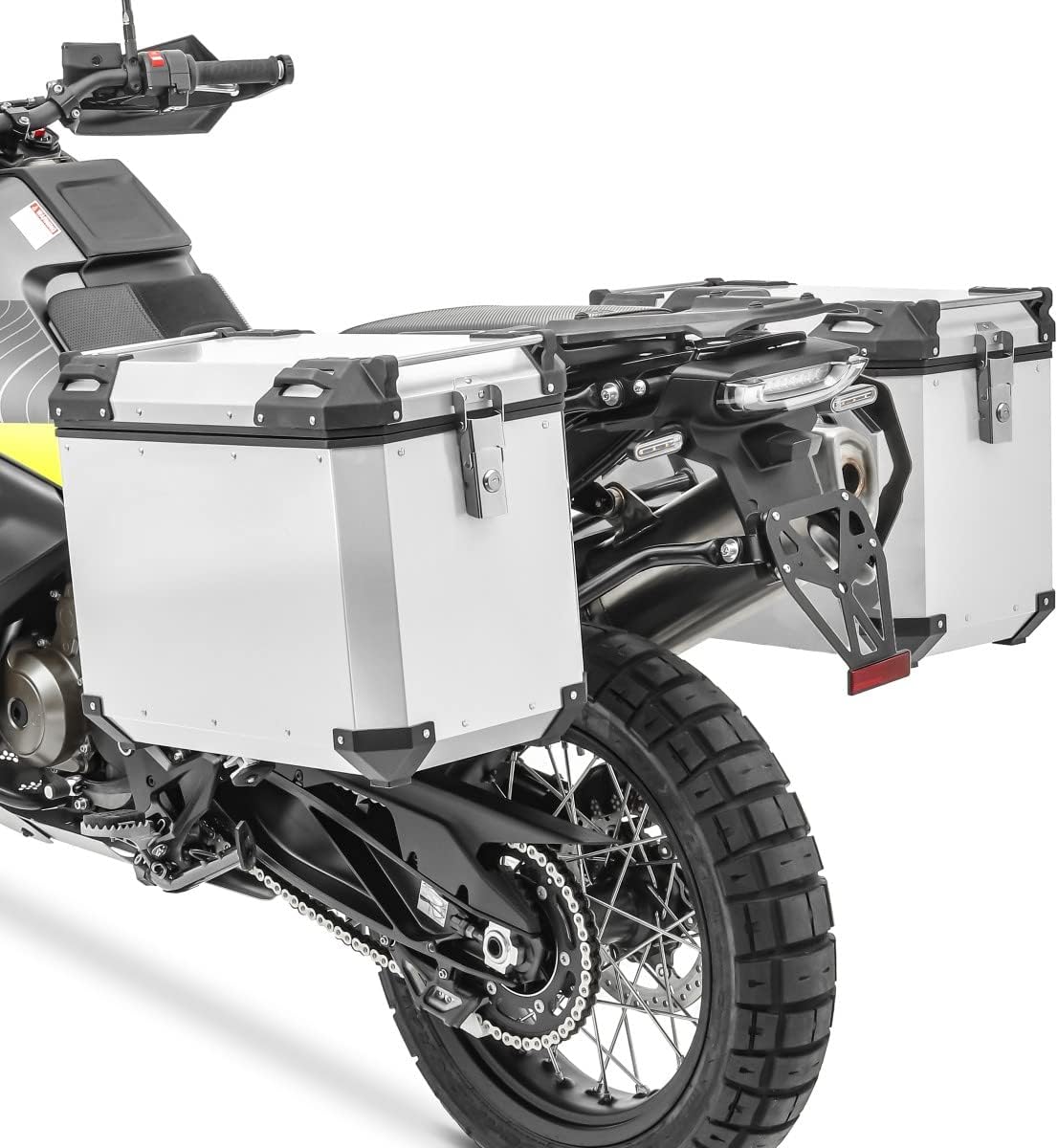 Rear view of a motorcycle with two Bagtecs QP48 Aluminum Side Cases installed