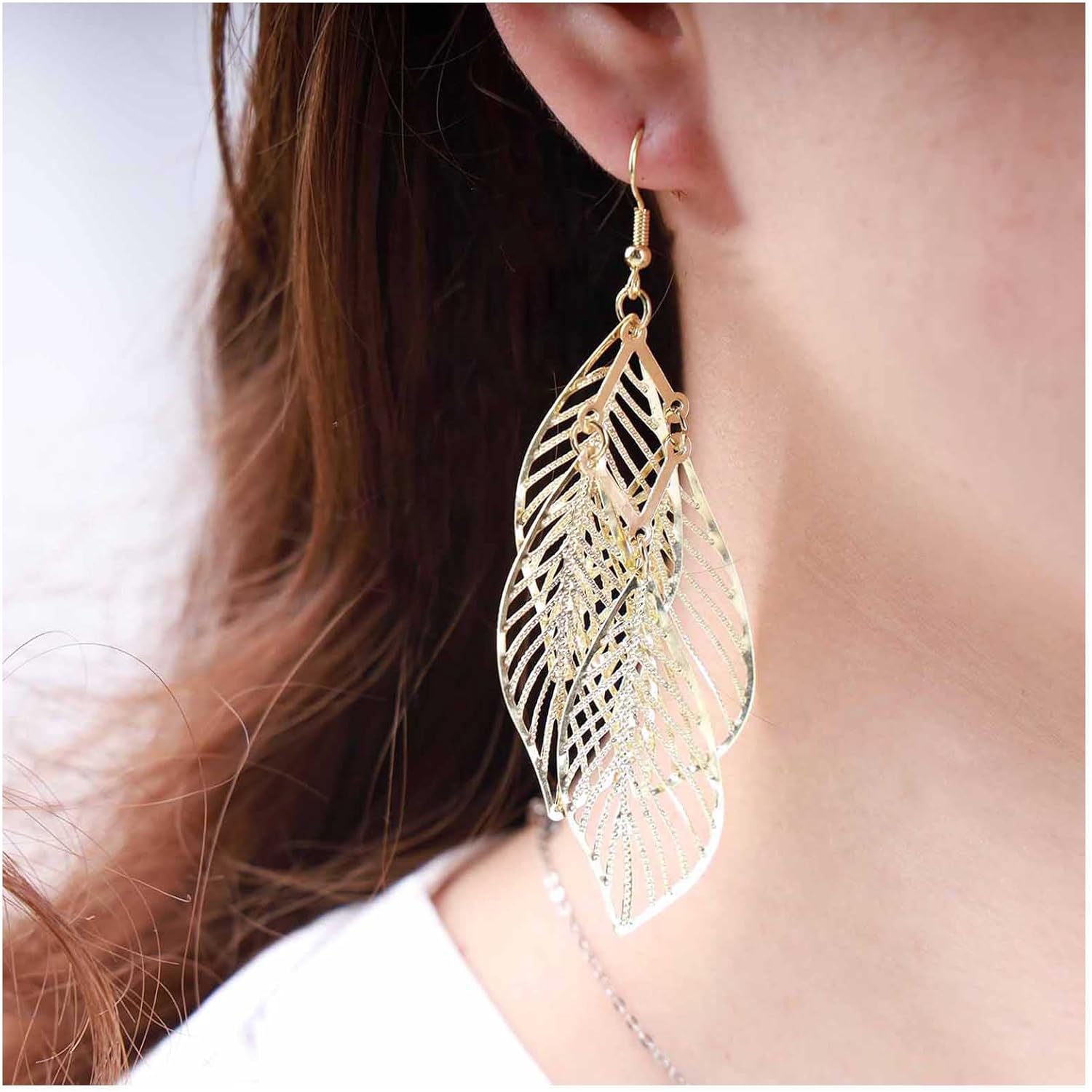 Andelaisi Boho Filigree Leaf Dangle Drop Earrings Vintage Cluster Leaf Earrings Gold Hollow Leaf Earrings Tribal Lightweight Leaf Chandelier Earrings Jewelry for Women - Image 3