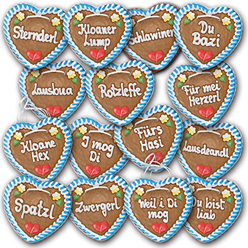 Lebkuchenherzen 20 Stück mit Bayrischen Sprüchen beschriftet 14cm groß. Original frische Oktoberfestlebkuchenherzen aus München. Lebkuchen Herzen günstig kaufen | Konditorei Zuckersucht