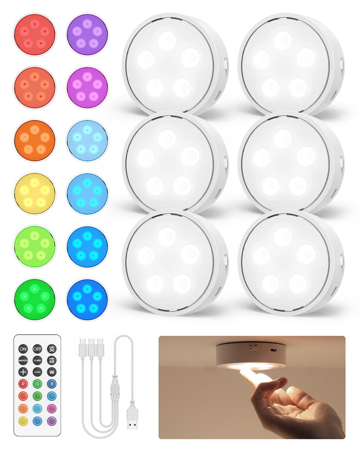 GOODEA.fun Puck Lights with Remote Control,Under Cabinet Lighting Magnetic,LED Closet Lights Rechargeable,Dimming Tap Light, Stick on Lights, for Closet, Bedroom Wall, Under Cabinet(RGB) 6 Pack RGB (Red, Green, Blue) 6 pack