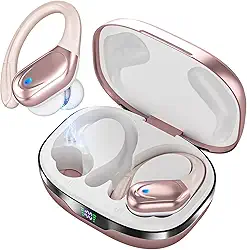 Fones de Ouvido Bluetooth Sem Fio, 80h de Bateria, Esportivos com Gancho, IPX5 à Prova d'Água, Graves Potentes, Cancelamento de Ruído, Compatível com iOS, Android e Bluetooth 5.3 (Ouro Rosa)