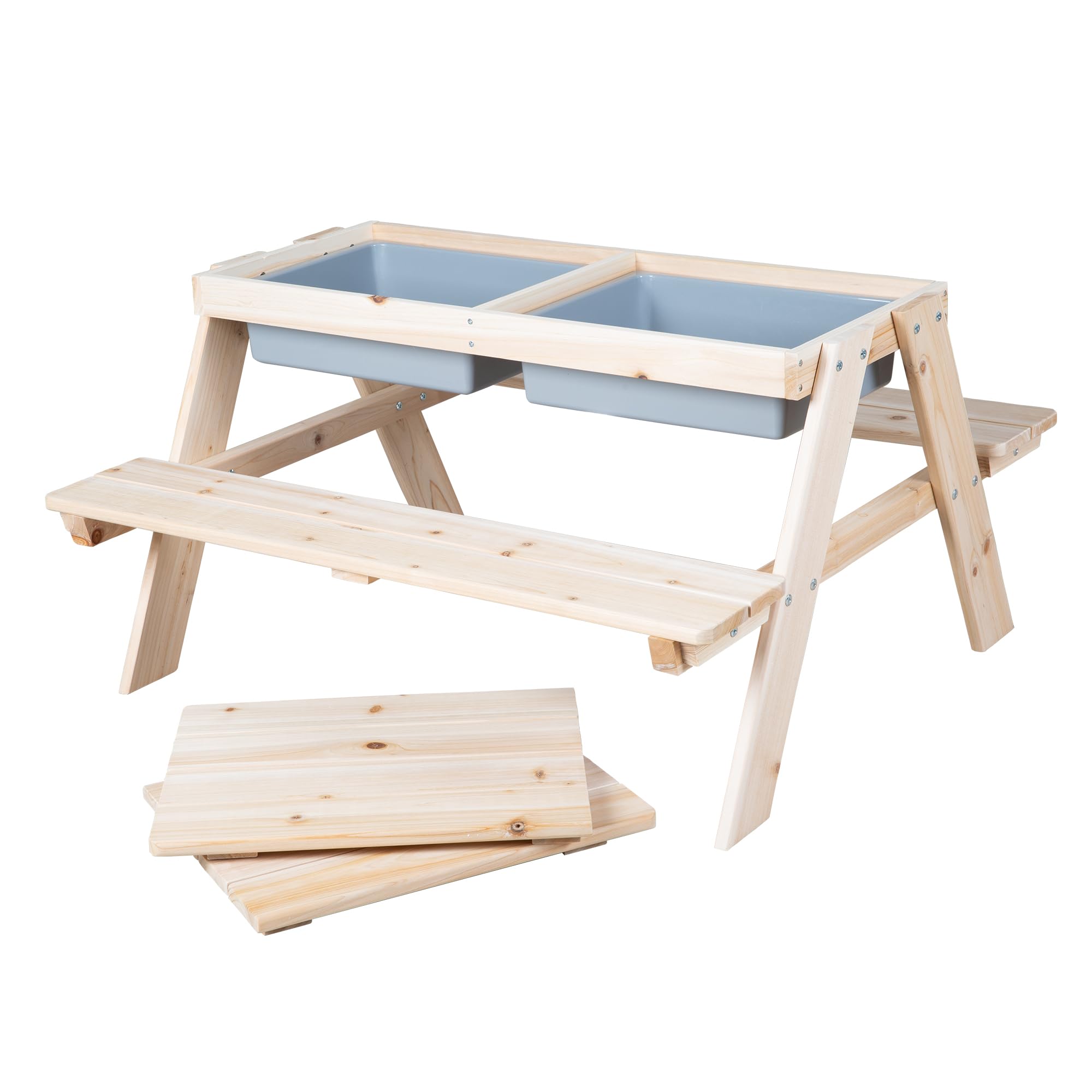 roba set di seduta per bambini “PLAY for 4” Outdoor+ con vaschette da gioco, set in legno massiccio e tavolo per fango