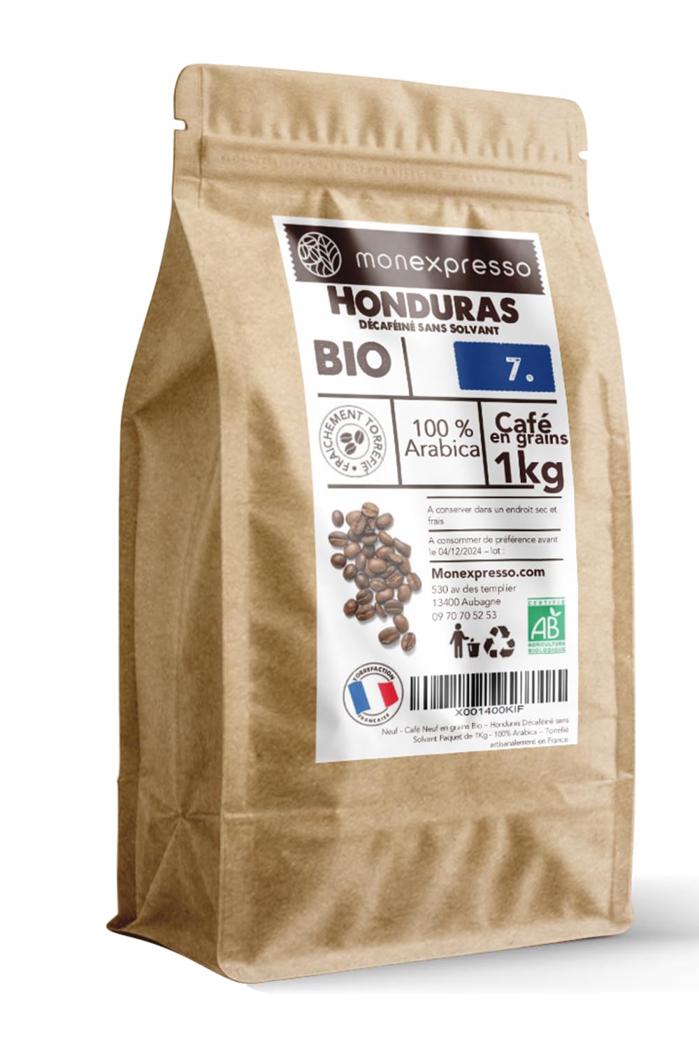 Café en grains décaféiné sans solvant - 1 kg origine Honduras - Intensité 7-100% arabica bio - Torréfié artisanalement en France