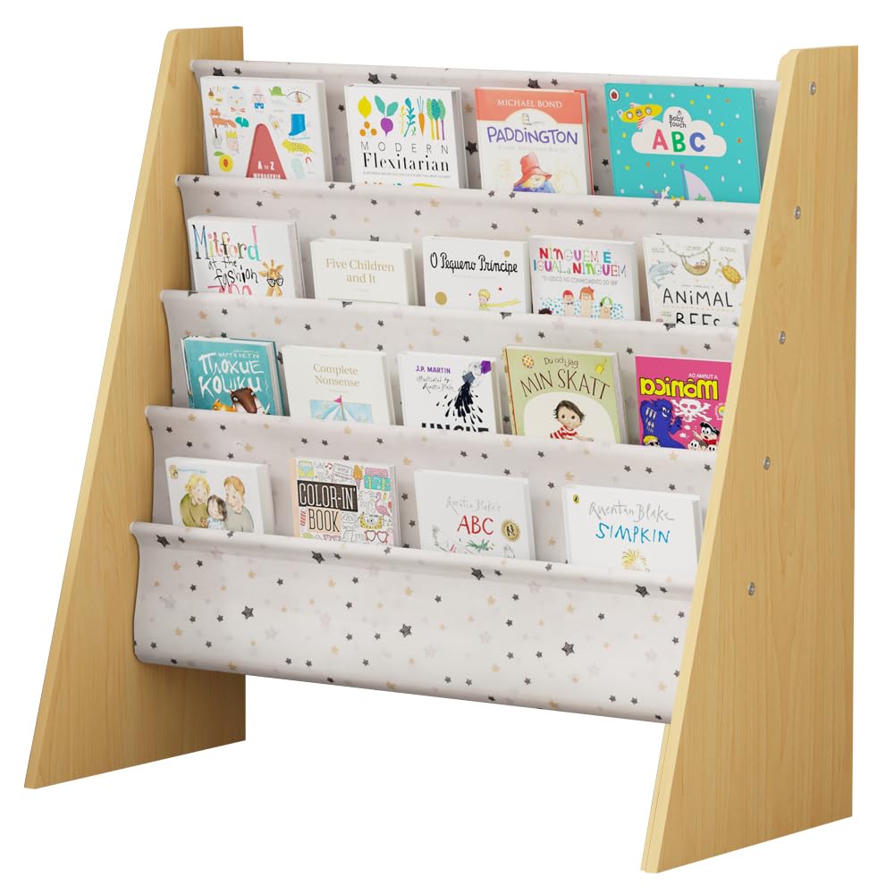 Rainbow Tree 4-Tier Children Sling Book Rack Bookshelf Wooden, Easy-to-Reach Storage for Books, Kids Book Rack Storage Bookshelf with Deep Sleeves, Ideal for Playrooms & Homeschooling (Little Star) — image 1