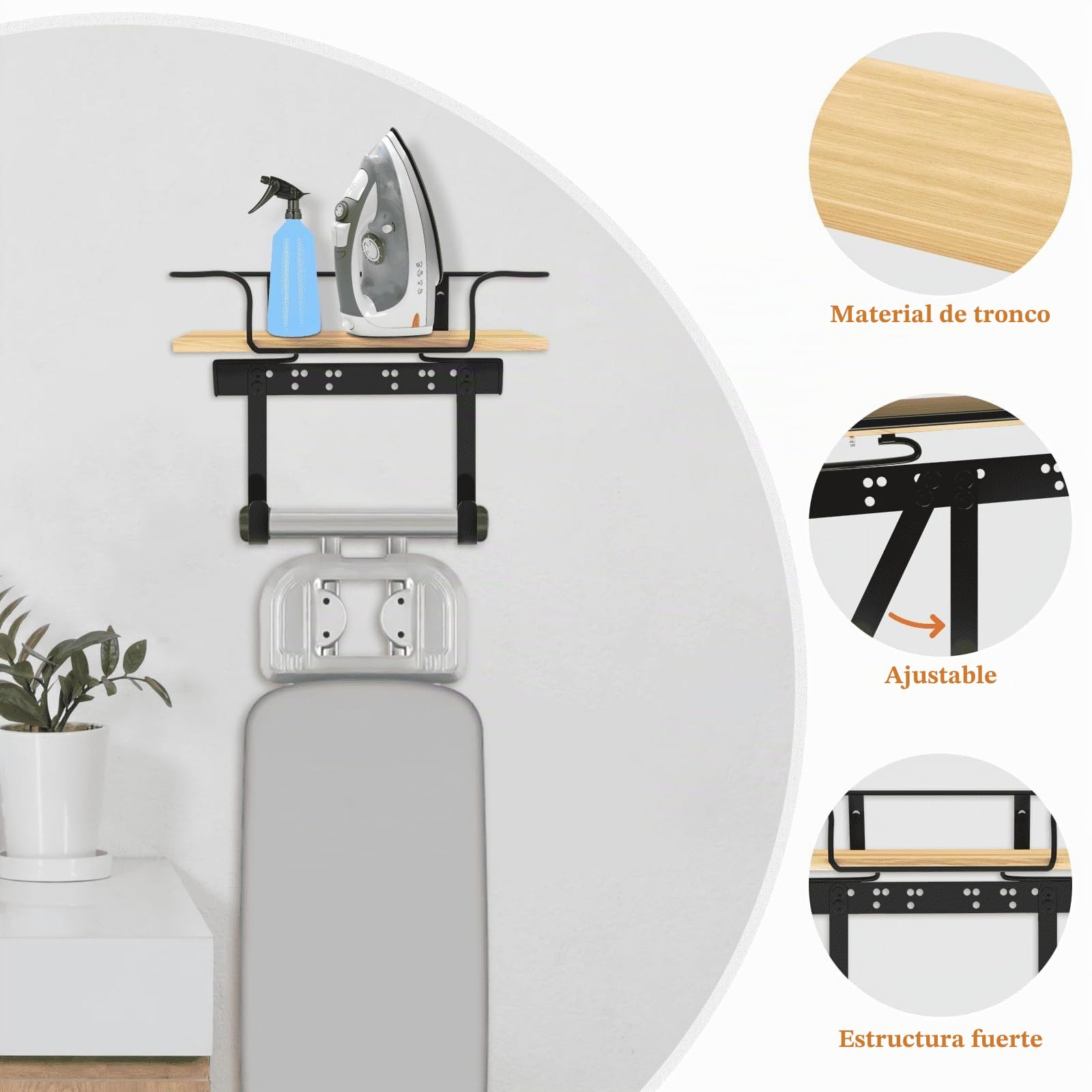 Percha para tabla de planchar para lavandería, soporte para plancha y tabla de planchar, cesta grande de madera y ganchos extraíbles, soporte de pared de metal