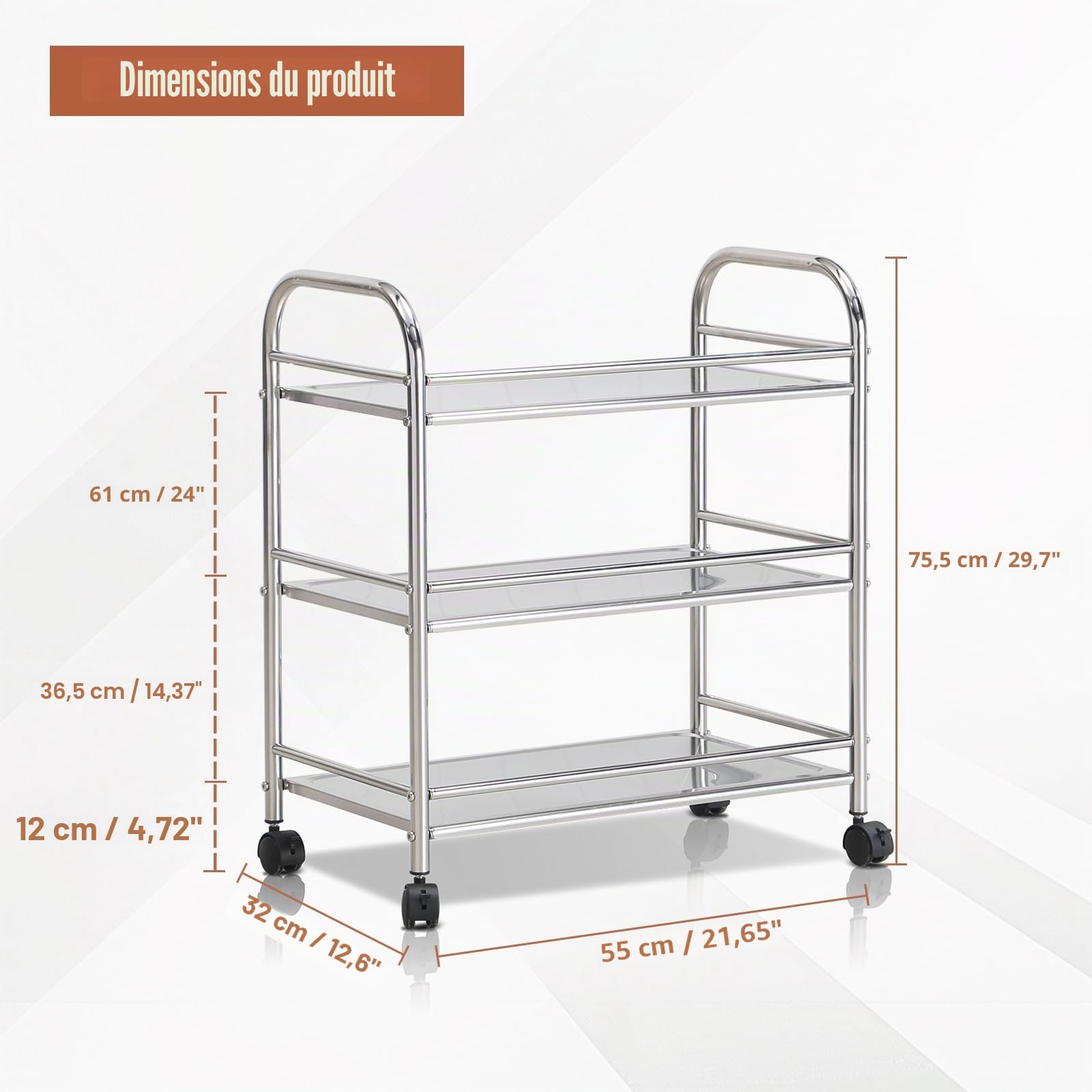 Chariot Industriel INOX - 3 Niveaux avec Roues Freinées | Étagère Métallique pour Cuisine Professionnelle
