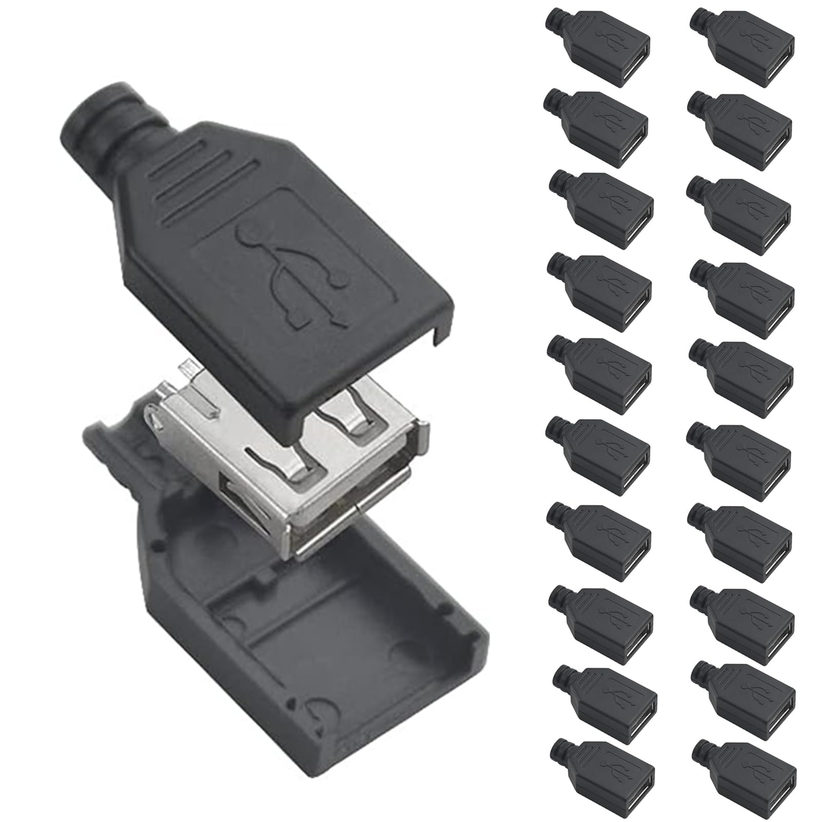 Oiyagai 20 Pezzi Connettore USB 2.0 Tipo A Femmina 4 Pin con Guscio in Plastica – Presa USB per Saldatura DIY Riparazione Cavo e Progetti Elettronici