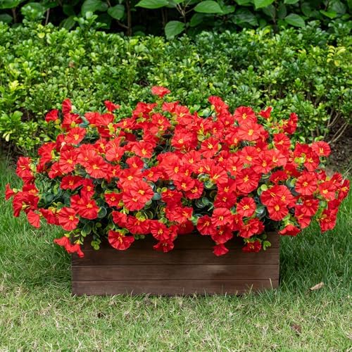 Lnoicy Artificial Flowers for Outdoor 12 Bundles Eucalyptus Fake Flowers for Planter,UV Resistant Fake Morning Glory for Home/Porch/Garden Decoration(Red)