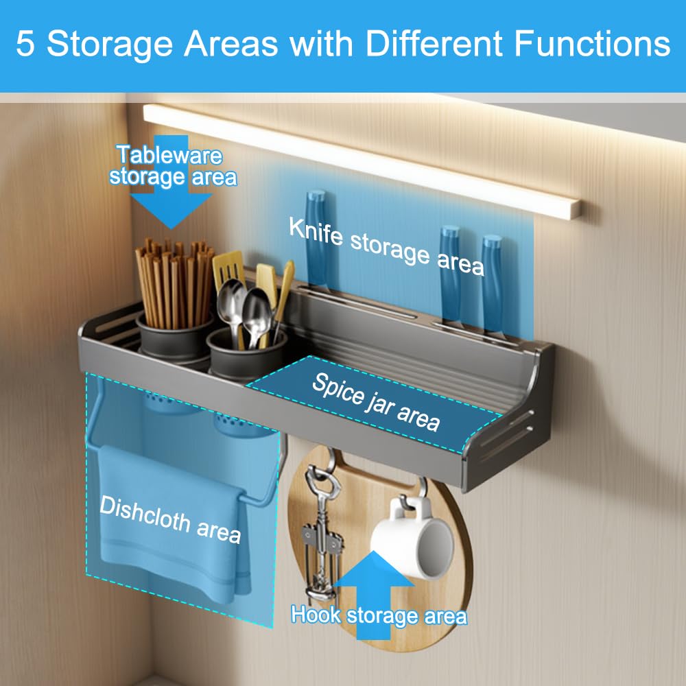 Porta Spezie per Cucina da Parete Senza Foratura, Porta Spezie da Parete Senza Buchi, Organizer Portautensili Cucina con Portasciugamani, Portaposate, per Coltelli e Gancio Portaoggetti