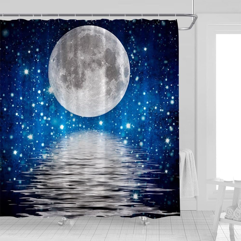 Full Moon Shower Curtain Fantasy Starry Sky Gray Planet Over Water Ocean Night Scenery Outer Space Universe Galaxy Fabric Bathroom Decor Curtains with Hooks,82 x 70