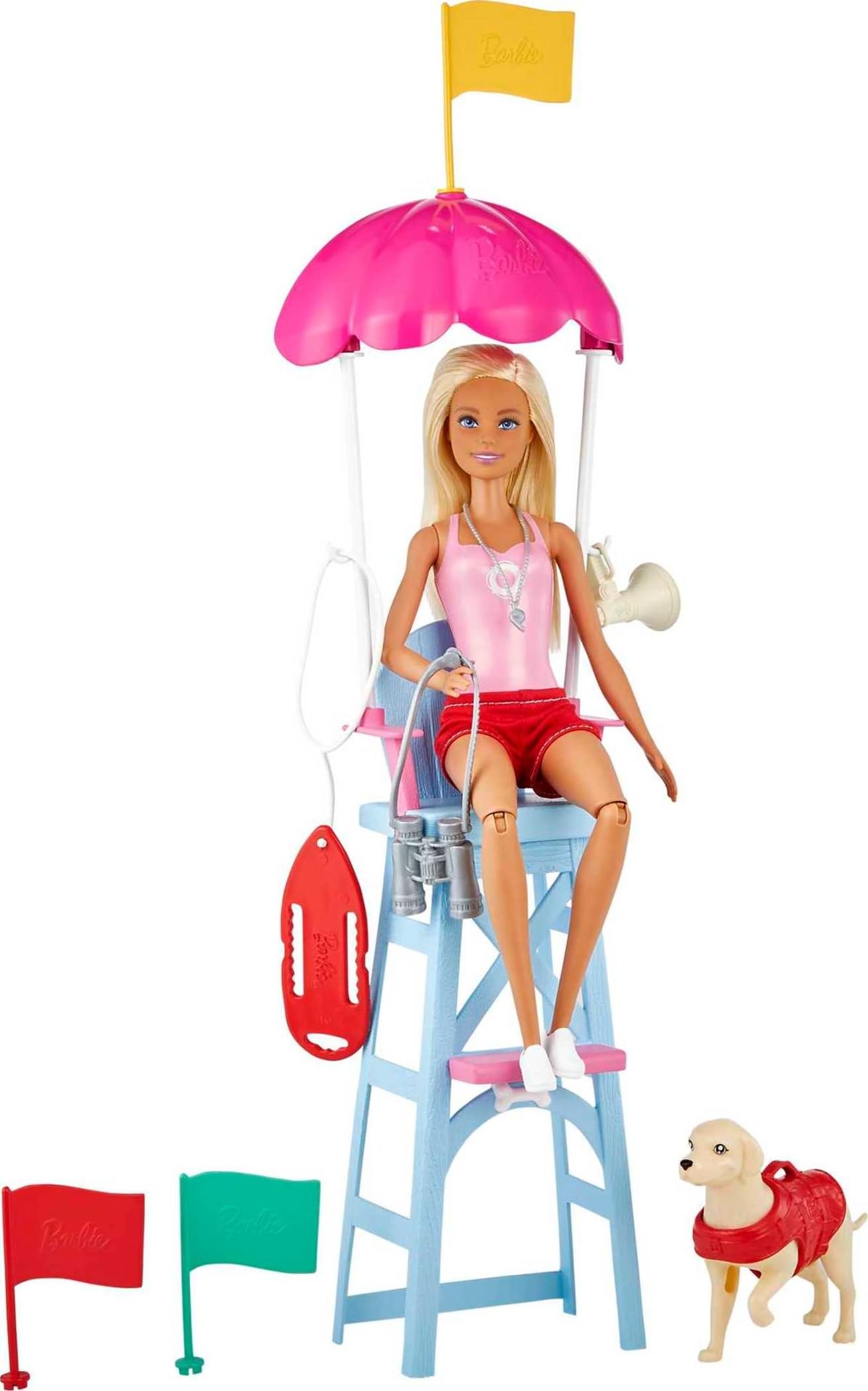 Barbie Lifeguard Playset with Doll, Dog, and Accessories.