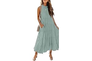 Womens Halter Maxi Dress, Summer Sleeveless Pleated Tiered Swing Beach Long Dresses