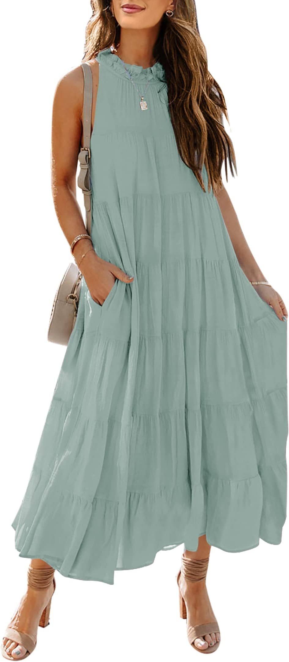 Women's Summer Sleeveless Halter Midi Maxi Dress Casual Loose Fit Pleated Tiered Flowy Beach Vacation Long Sundress