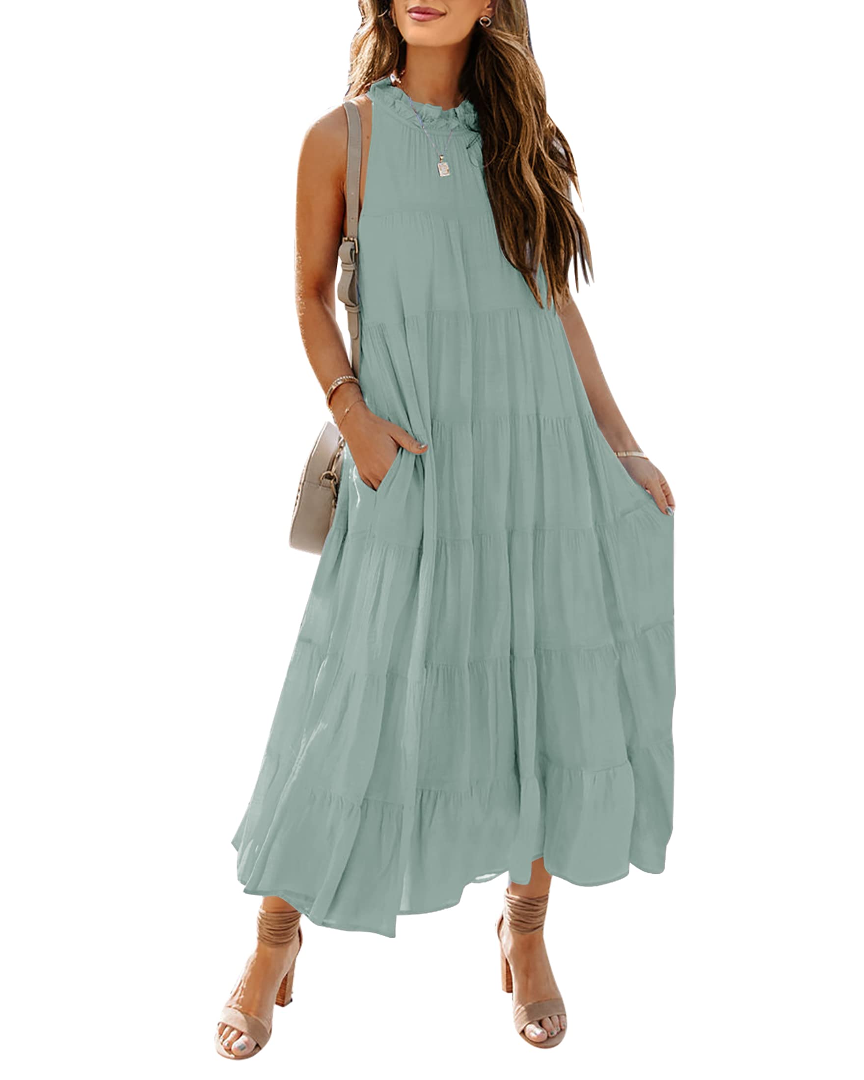 HAEOF Women's Summer Sleeveless Halter Midi Maxi Dress Casual Pleated Tiered Flowy Beach Vacation Long Dresses Sundress