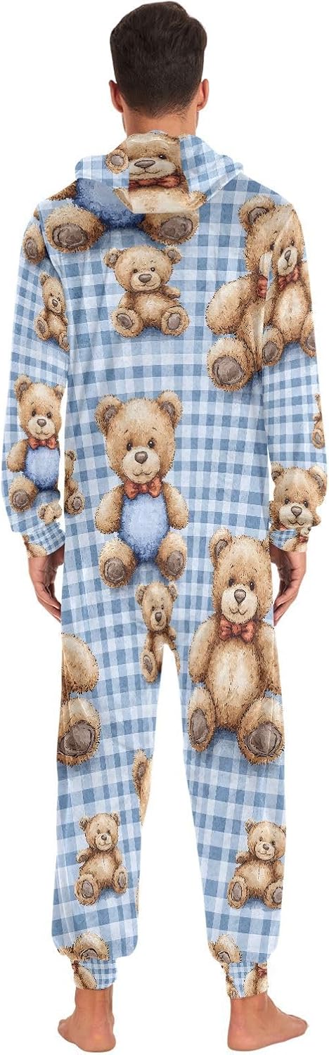 ALAZA Bear Blue Buffalo Plaid Adult Onesie Pajamas Novelty One Piece Costume Sleepwear Jumpsuits Matching PJS
