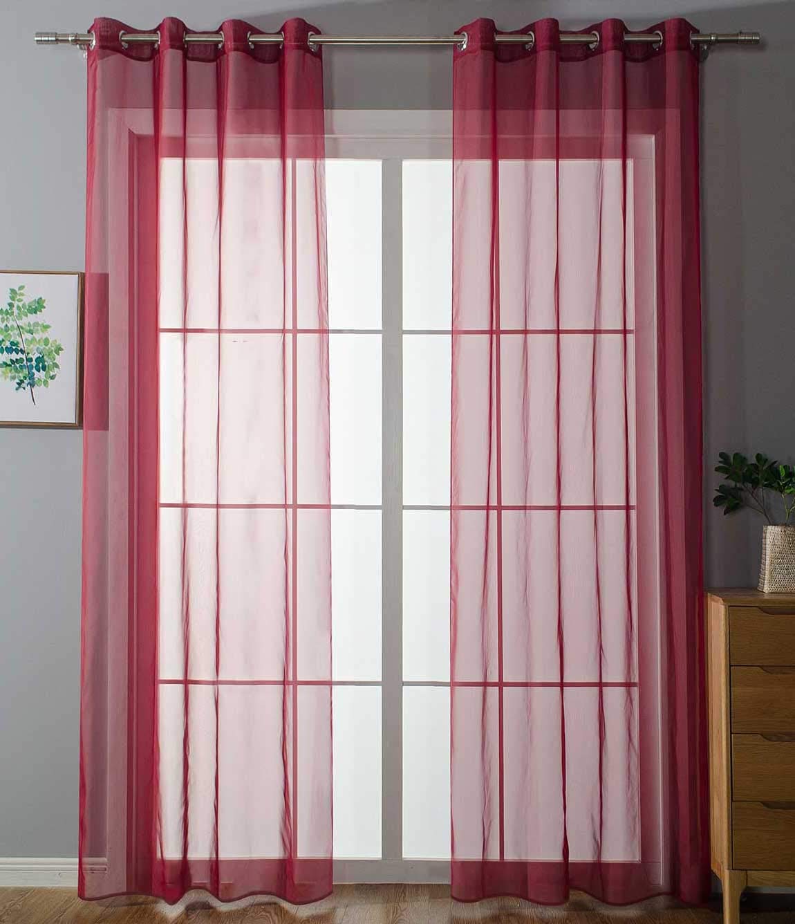 Gardinenbox Tenda A Rete Con Occhielli, 2 Pezzi, 245x140 Cm, Colore Bordeaux, In Poliestere, Accorciabile Con Nastro Adesivo