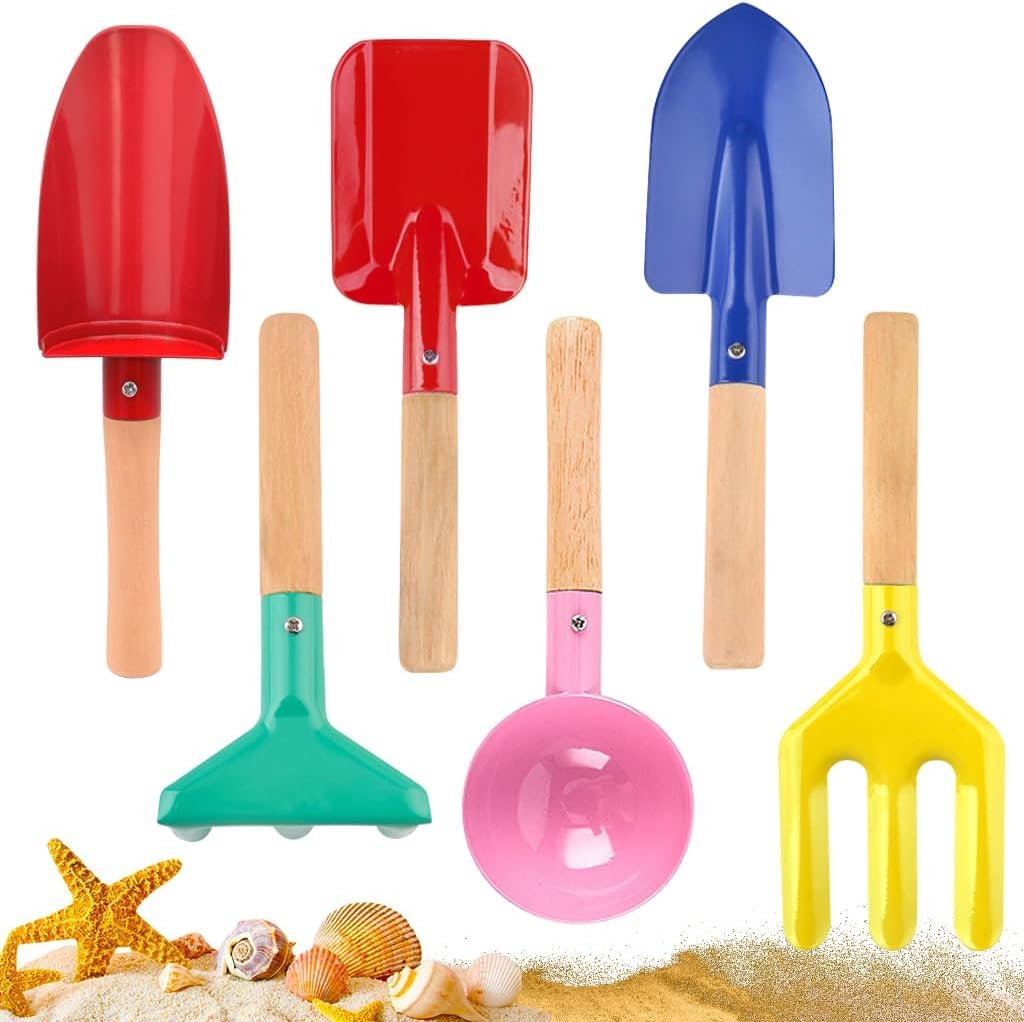 Apidgrowth Children Beach Sand Toys, 6 PCS 8'' Wooden Handle Gardening Tools, Kids Gardening Set, Cylinder, Spoon, Fork, Rake, Flat Shovel & Pointed Shovel