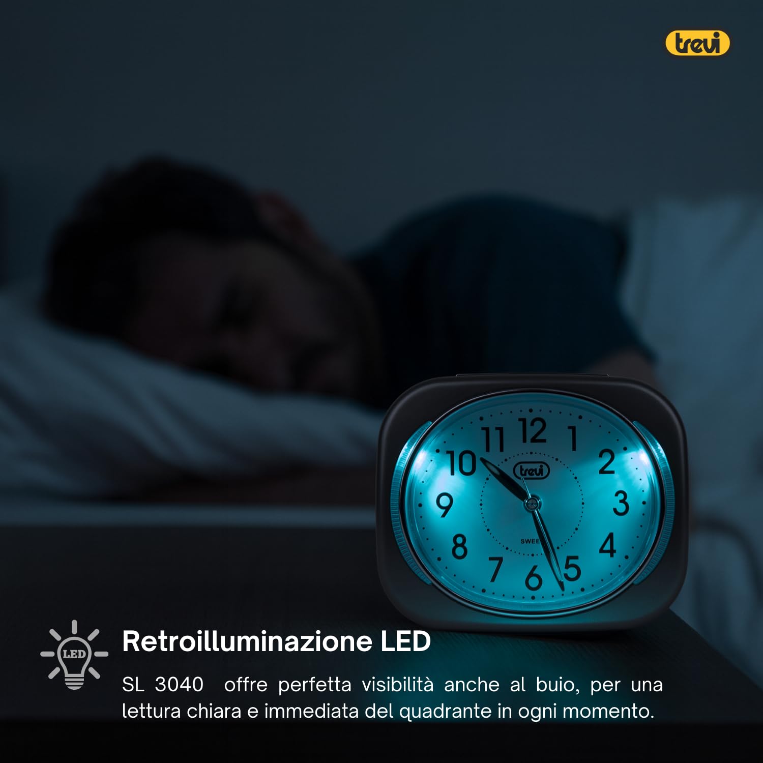 Trevi SL 3040 Sveglia Analogica Silenziosa con Retroilluminazione LED e Ampio Quadrante, Movimento SWEEP Senza Ticchettio, Funzione Snooze, Funzionamento con Batteria Stilo AA, Facile Utilizzo, Blu
