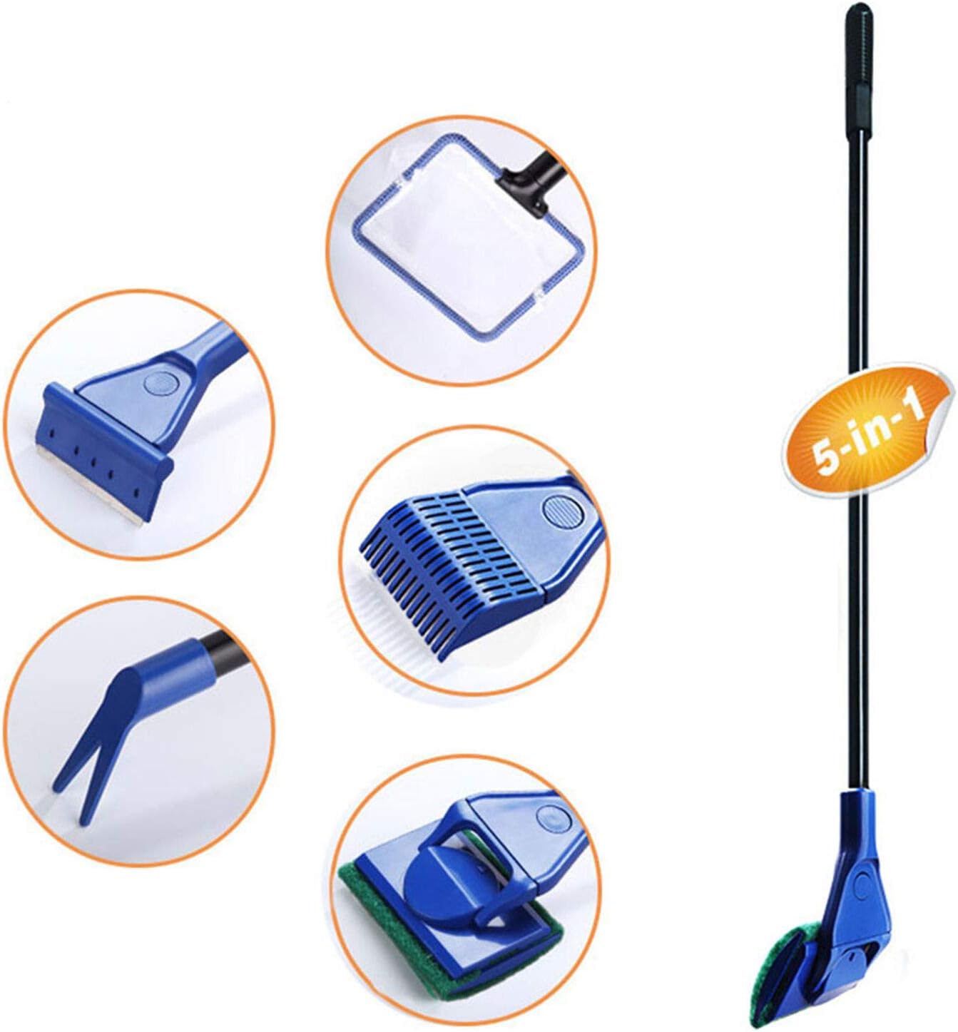 IDS Home 5-in-1 Aquarium Fish Tank Clean Set, Aquarium Cleaning Kit Functional Five Cleaning Tools Fish Net + Rake + Scraper + Fork + Sponge