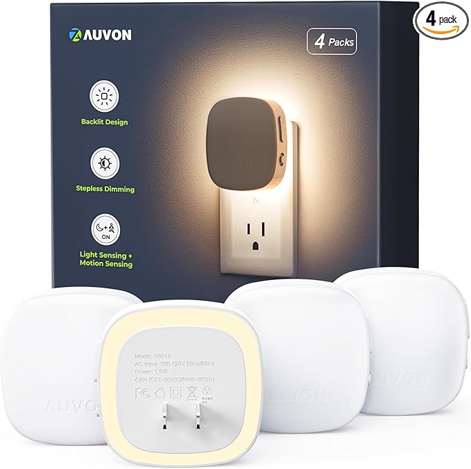 AUVON Plug-in LED Backlit Night Light with Motion Sensor & Dusk to Dawn Sensor, Dimmable Warm White Nightlight with 1-50 lm Adjustable Brightness for Bedroom, Bathroom, Stairs, Hallway (4 Pack)