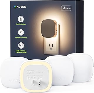 AUVON Plug-in LED Backlit Night Light with Motion Sensor & Dusk to Dawn Sensor, Dimmable Warm White Nightlight with 1-50 lm Adjustable Brightness for Bedroom, Bathroom, Stairs, Hallway (4 Pack)
