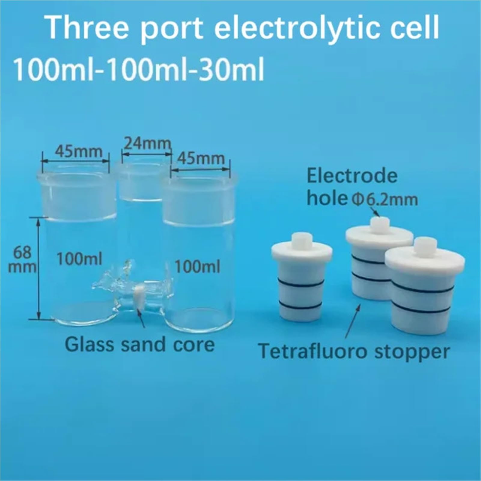 sujeniir H-Shaped Sealed electrolytic Cell with Glass Sand core, Lujin Capillary, Frosted Mouth, and Three H electrolytic cel(100X100X30ml)