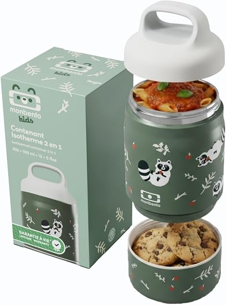monbento - Lunch Box Enfant Isotherme Handy Vert Raccoon - Boite Repas 500 ml 2 Étages - Bento Inox 2-en-1 Garde au Chaud & Froid - Sans BPA - Idéal pour École/Sorties Scolaires - 1