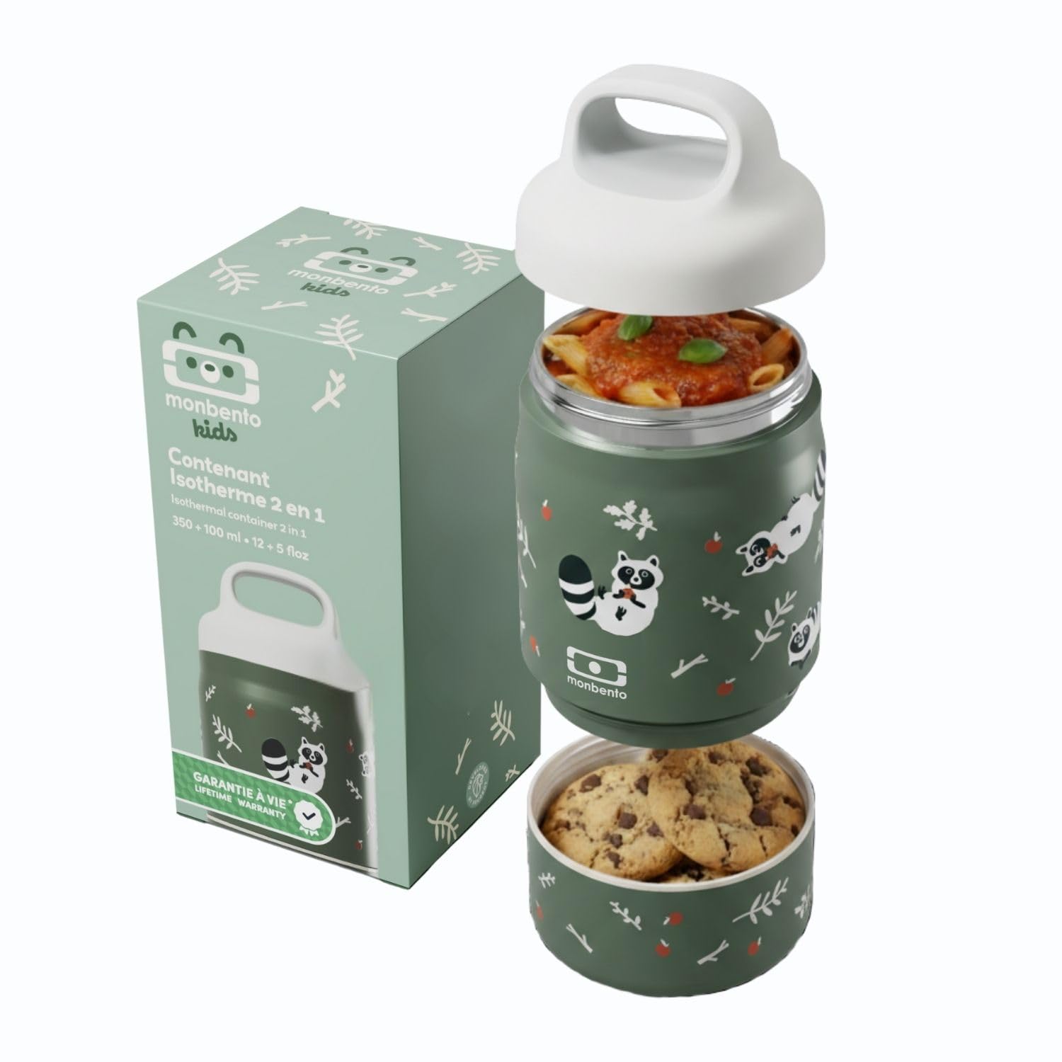 Monbento Lunch Box Enfant Isotherme Handy Vert Raccoon 500 ml 2 Étages Bento Inox 2-en-1 Garde au Chaud & Froid Sans BPA