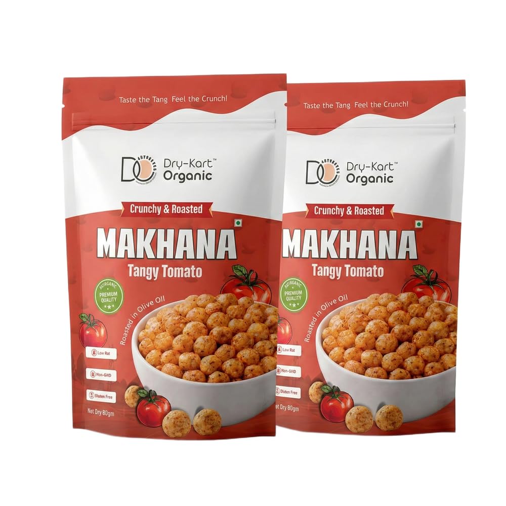 Dry -Kart Organic Roasted Makhana (Tangy Tomato) 80 g x 2 | Crunchy Healthy High Protein Fox Nuts Superfood Snack | Ready to Eat Light Crispy Namkeen | Pack of 2-image-34