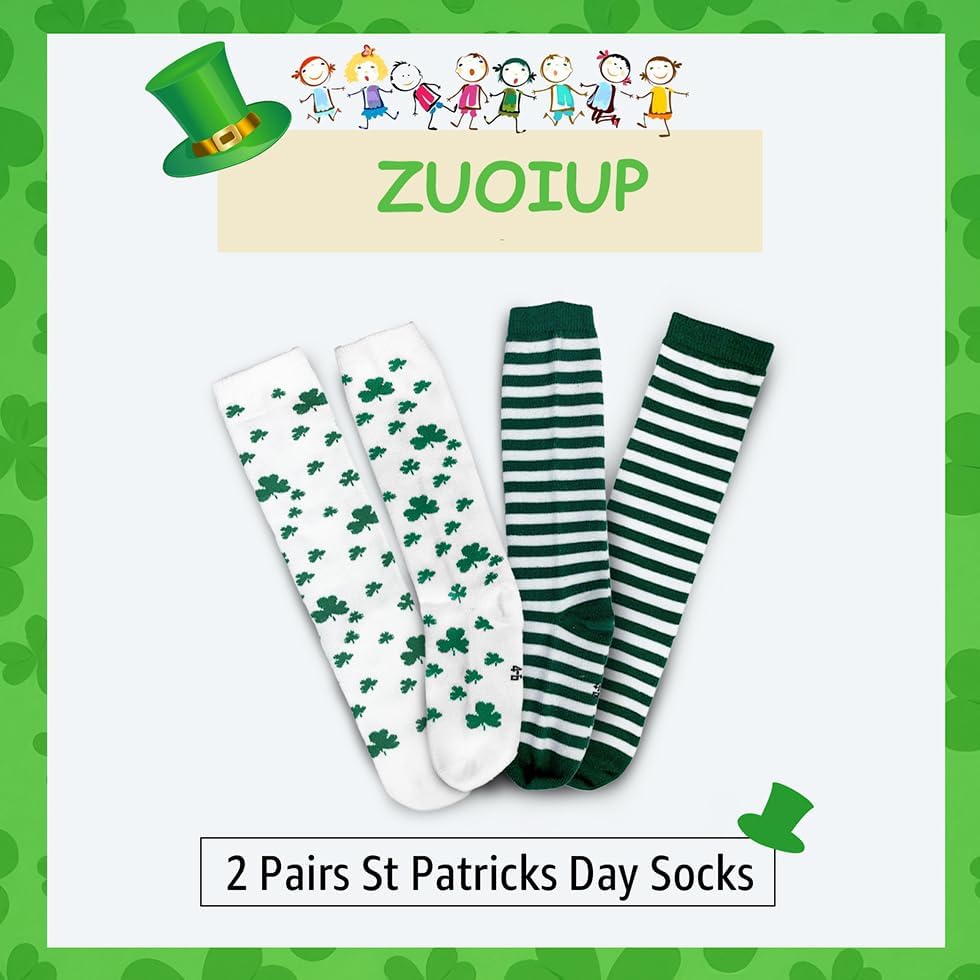 2 Pairs St. Patricks Day Socks for Kids, Knee High Shamrock Socks for Irish Party St Patrick's Day