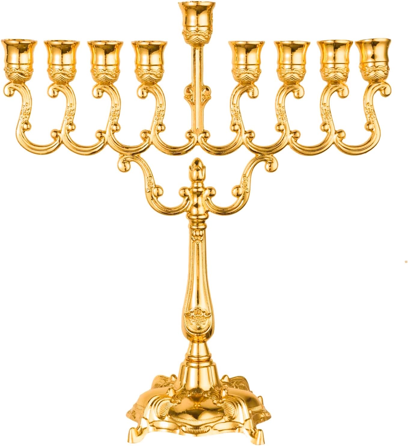 View 1 of ?9-Branch Gold-Plated Hanukkah Menorah Candle Holder - Jewish Holiday Decor, Sabbath Table Centerpiece, Jerusalem Temple Style, Home & Office Decoration?
