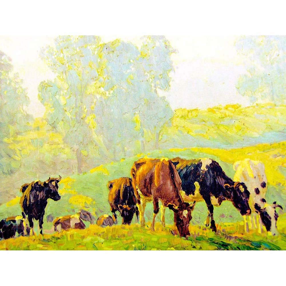 Wee Blue Coo Painting Landscape Animals Cattle Cow Field Farm Pasture Rural Art Print Poster Wall Decor 12X16 Inch