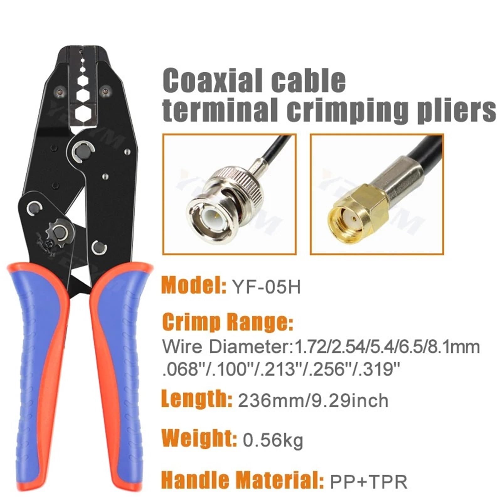 Alicates de crimpado for cables coaxiales serie YF for conectores SMA/BNC RG58, 59, 62, 174, 8, 11, 188 y 233, herramientas de crimpado, cortador y pelado.(YF-05H 1jaw)