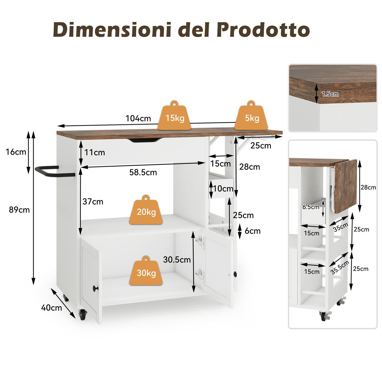 YU YUSING Isola Cucina con Piano Ribaltabile, Carrello da Cucina Salvaspazio con 4 Ruote, Mobile Cucina con 4 Ripiani, Mobile Microonde, Credenza Cucina, Manico in Ferro, Cassetto, 104x40x89cm, Bianco