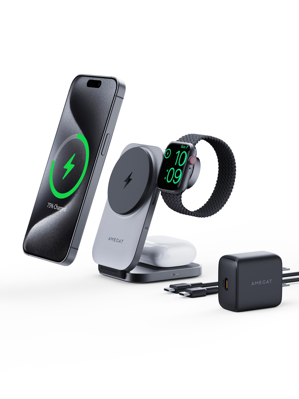 AMEGAT MagFusion Z 3-in-1 Charging Station MagSafe Compatible, Qi2 Certified 15W Wireless Charger Stand, Apple Watch Charger, for iPhone 15/14/13/12, AirPods, Apple Watch S9 (30W PD Charger Included)