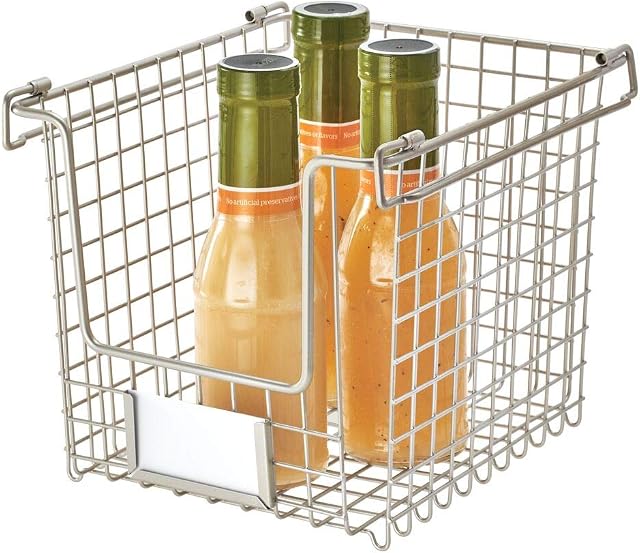 iDesign Wire Storage Basket, Small Metal Basket for Bathroom, Kitchen and Office, Stackable Kitchen Organiser with Handles, Silver