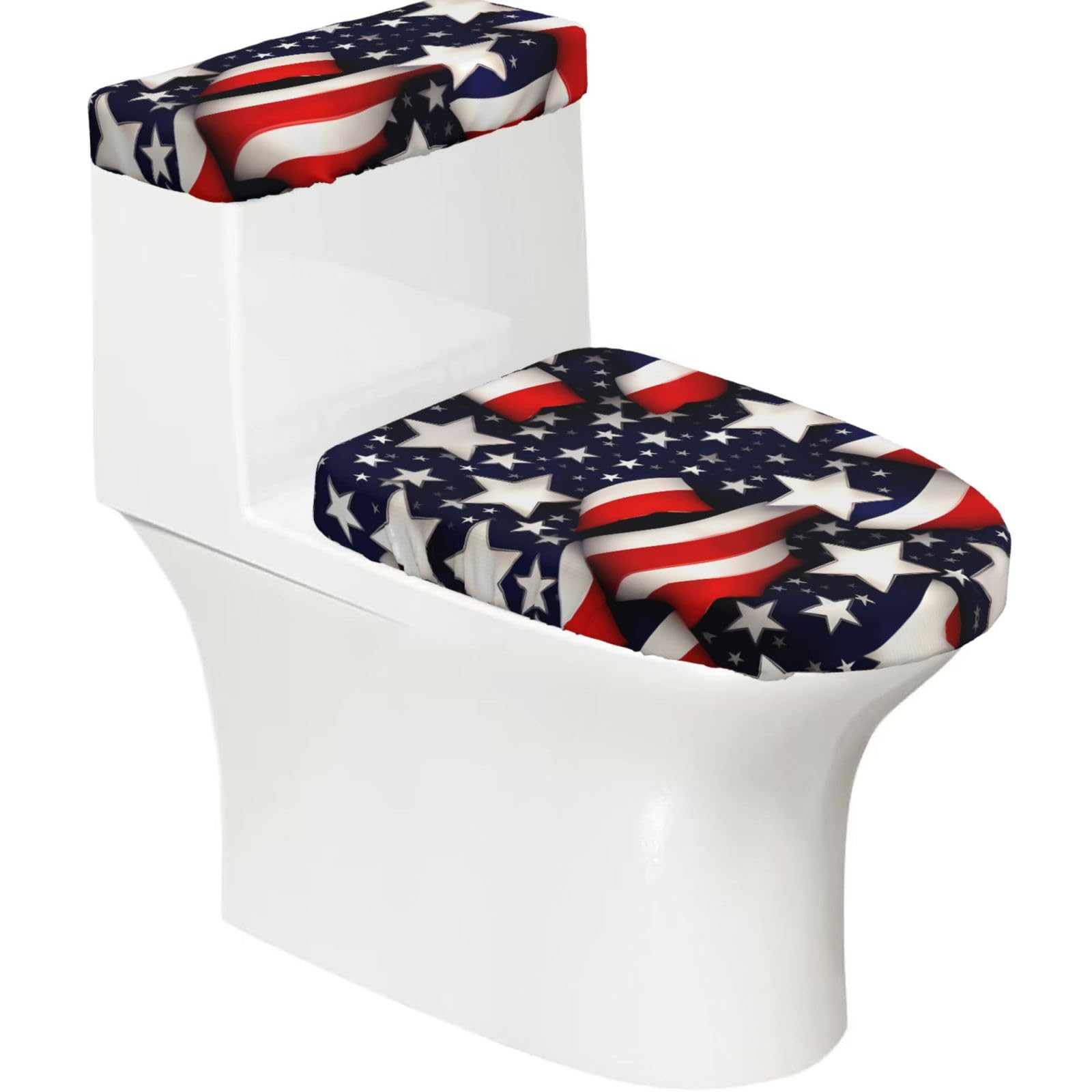 American Flag Stars Stripes Printed Toilet Tank and Lid Cover Set of 2 for Most Bathrooms, Fits Elongated Round Toilets