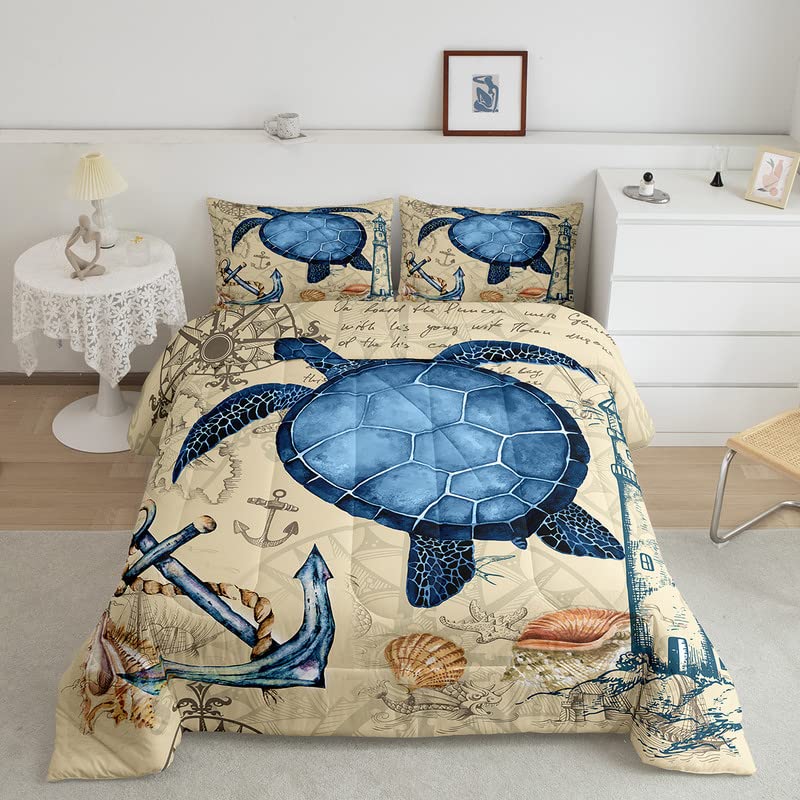 Loussiesd Sea Turtle Ocean Turtle Anchor Bedding Set for Kids Boys Girls Reptile Tortoise Duvet Set Marine Down Comforter Underwater Animal Single Size