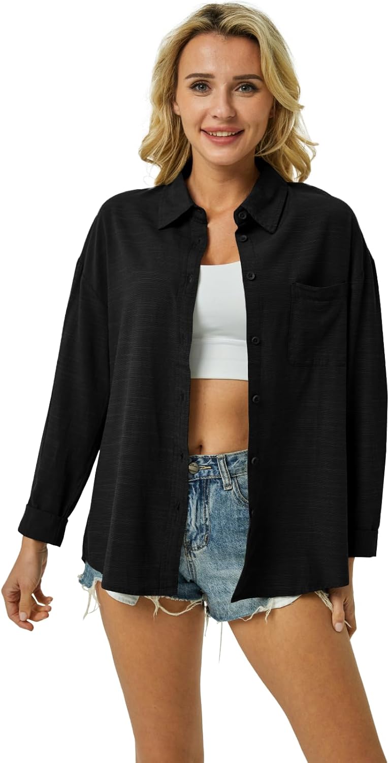 IPMQ Womens Button Down Shirts Cotton Linen Long Sleeve Dress Shirts Casual Summer Tops Work Blouses with Pockets - Image 2