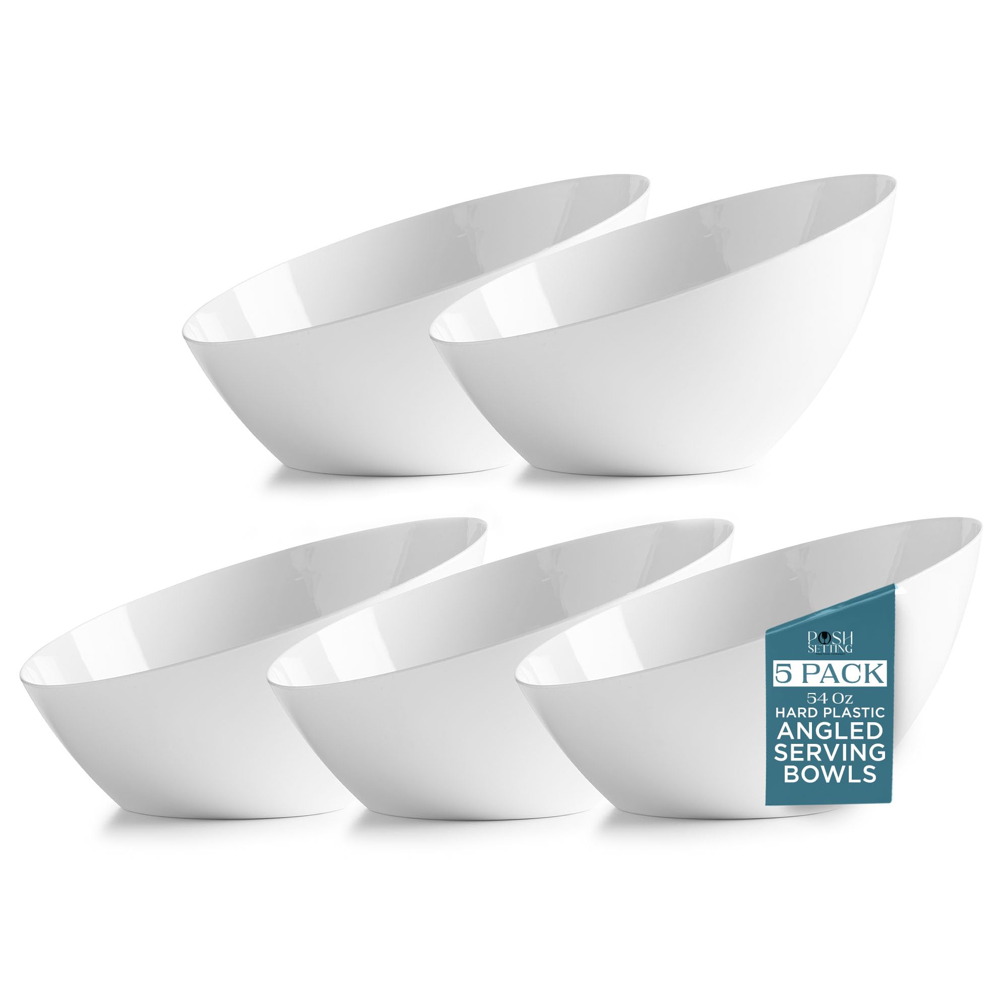Posh Setting - White Plastic Serving Bowls for Party - Angled, Disposable, Chip & Candy Bowls - 54 OZ, 5 Pack