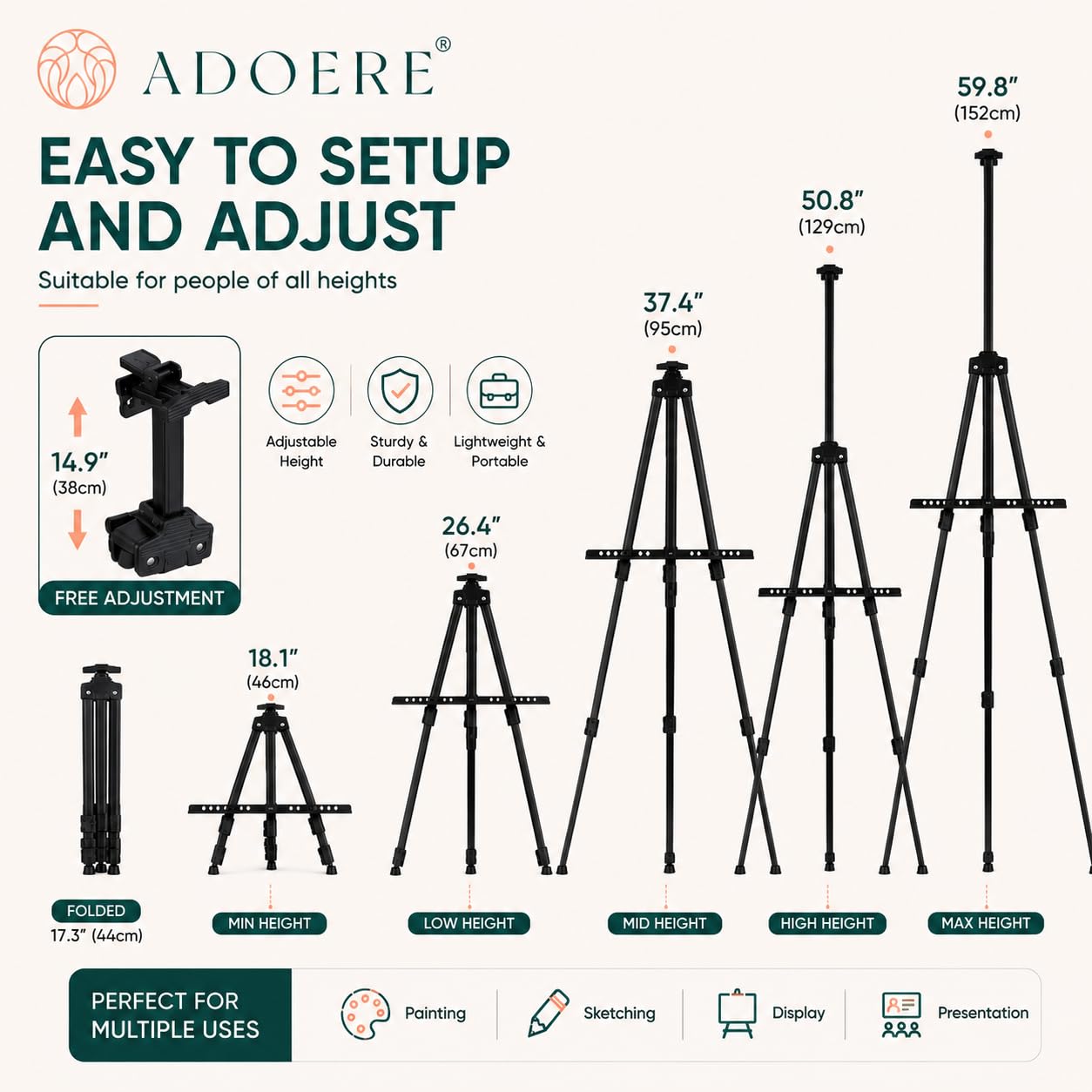 ADOERE ADOERE Portable Metal Tripod Easel Stand — Adjustable Height up to 5.5 Ft (66 Inch), Holds Canvas up to 32 Inch, Foldable with Carry Bag for Painting, Sketching & Display 2