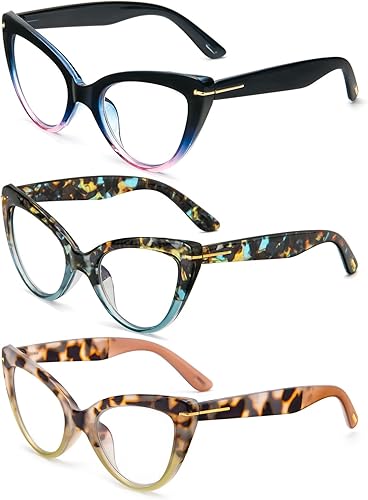 Miniatura 2 de DXYXYO Paquete de 3 lentes de lectura de ojo de gato para mujer, bloqueo de luz azul, marco grueso, lectores de computadora 1.0+