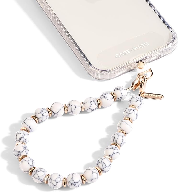 Correa para muñeca con dije para teléfono Case-Mate con cuentas de mármol - Mármol blanco | Correa de teléfono antirrobo desmontable - Correa de muñeca manos libres para iPhone para mujer - Pulsera de cadena para teléfono para Galaxy, Pixel y más