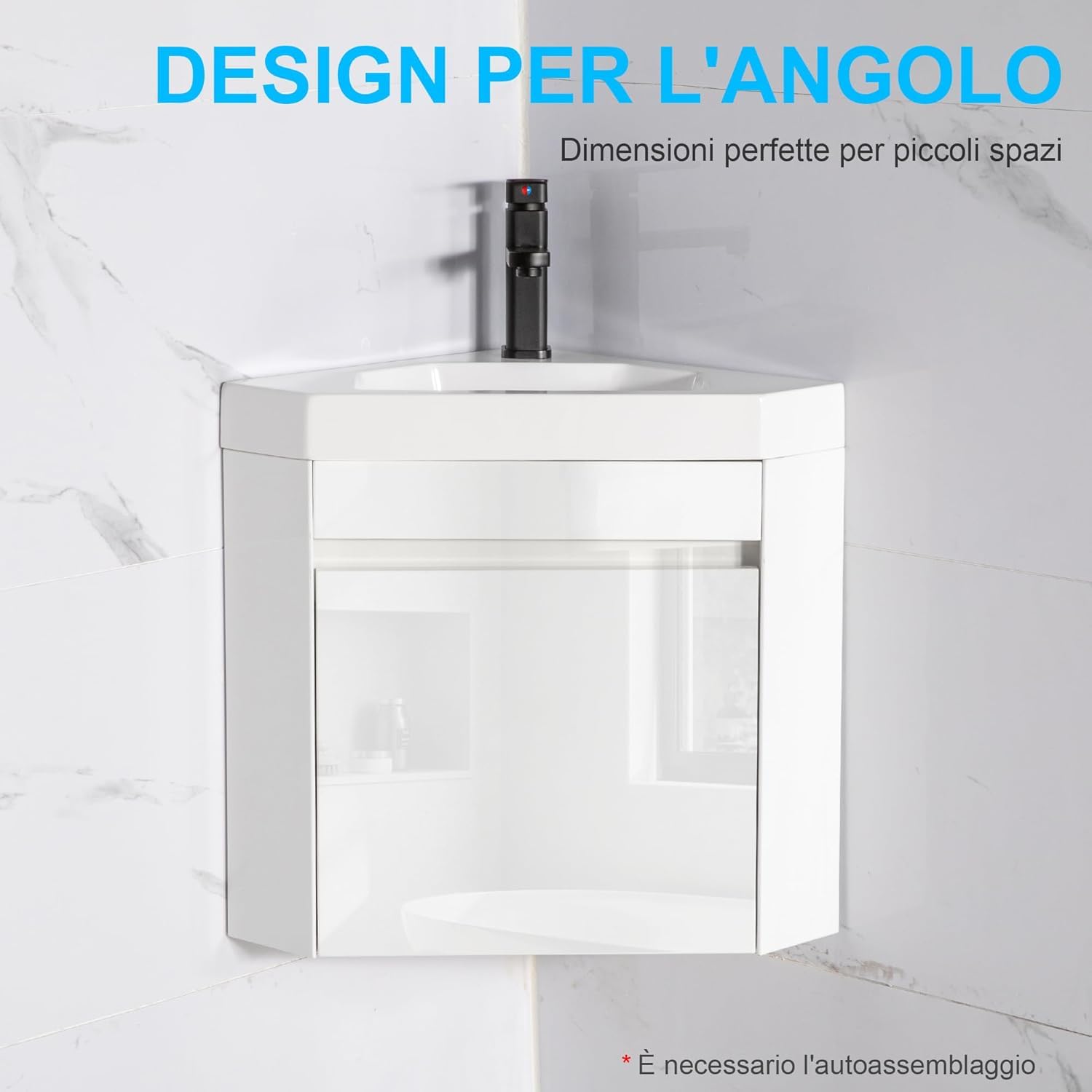 UEV Mobile Bagno Con Lavabo in Resina, Sospeso Ad Angolo 40CM, Rubinetto Nero Opaco, per Piccolo Spazio, Bianca